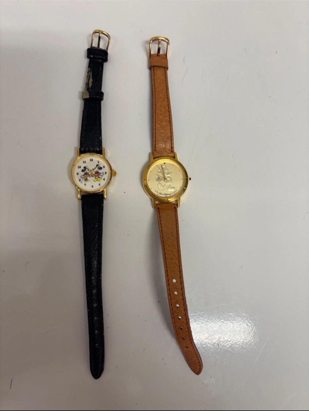 Mickey Mouse Gold Tone Watch with Black Leather Strap